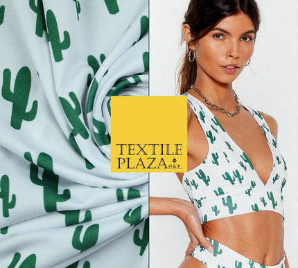 White Green CACTUS CACTI Printed Stretch JERSEY FABRIC Dress Costume 56" 4360