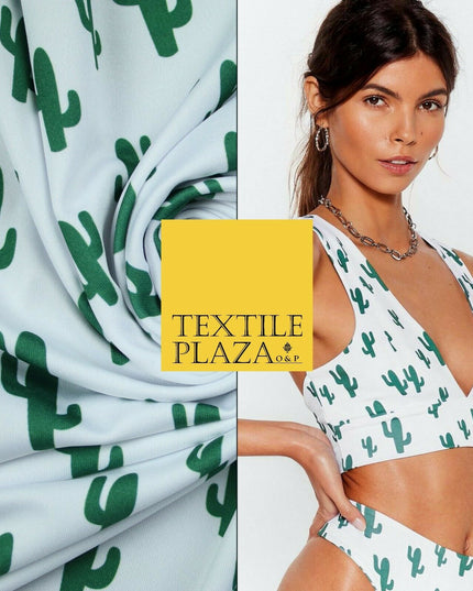 White Green CACTUS CACTI Printed Stretch JERSEY FABRIC Dress Costume 56" 4360