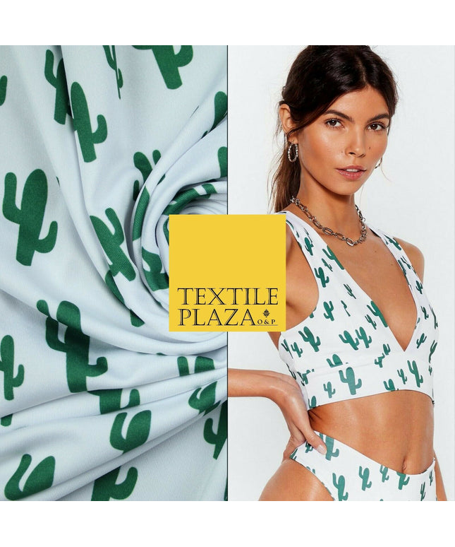 White Green CACTUS CACTI Printed Stretch JERSEY FABRIC Dress Costume 56" 4360