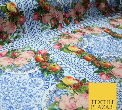 Blue & White Ornate Floral Square Wreath Frame Print Stretch Jersey Fabric 4361