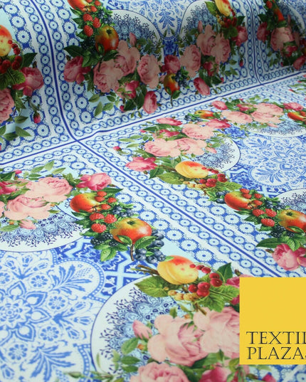 Blue & White Ornate Floral Square Wreath Frame Print Stretch Jersey Fabric 4361