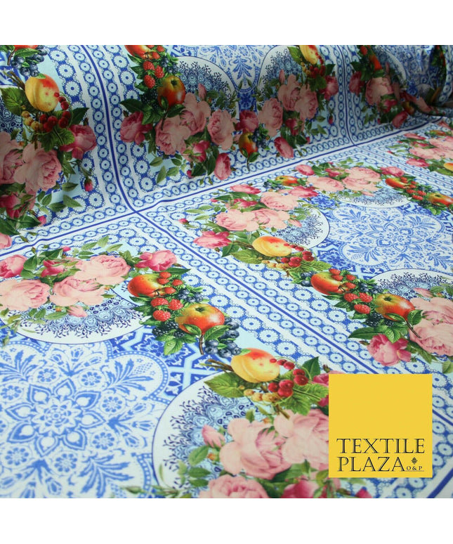 Blue & White Ornate Floral Square Wreath Frame Print Stretch Jersey Fabric 4361