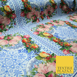 Blue & White Ornate Floral Square Wreath Frame Print Stretch Jersey Fabric 4361