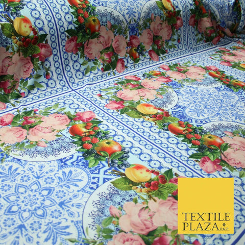 Blue & White Ornate Floral Square Wreath Frame Print Stretch Jersey Fabric 4361