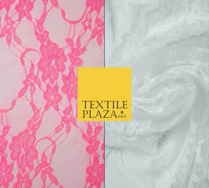 Hot Pink White Floral Mix Embroidered Net Lace Dress Fabric Tulle Fancy 58" Wide