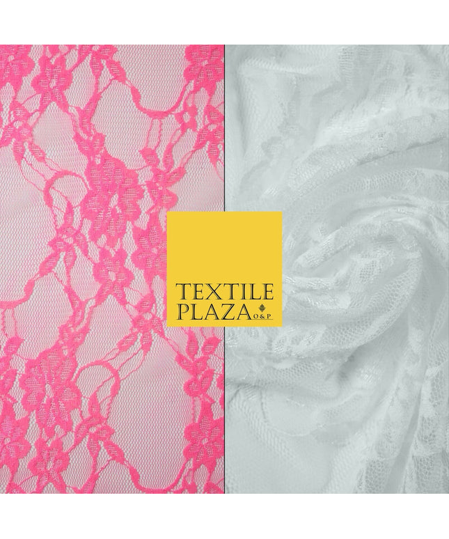 Hot Pink White Floral Mix Embroidered Net Lace Dress Fabric Tulle Fancy 58" Wide
