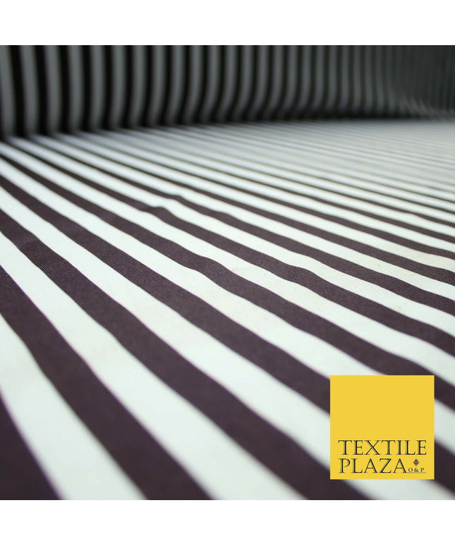White Raisin Purple 1cm Awning Stripe Lines Printed Stretch Jersey Fabric 4362