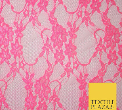 Hot Pink White Floral Mix Embroidered Net Lace Dress Fabric Tulle Fancy 58" Wide