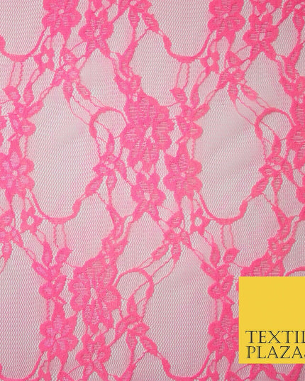 Hot Pink White Floral Mix Embroidered Net Lace Dress Fabric Tulle Fancy 58" Wide