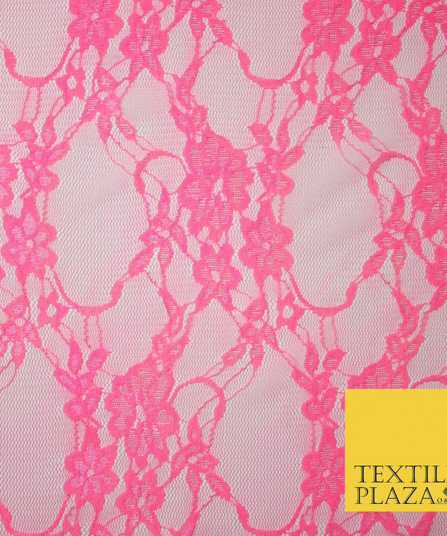 Hot Pink White Floral Mix Embroidered Net Lace Dress Fabric Tulle Fancy 58" Wide