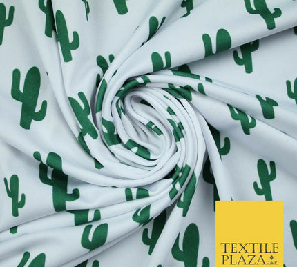 White Green CACTUS CACTI Printed Stretch JERSEY FABRIC Dress Costume 56" 4360