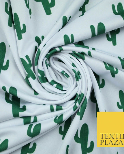 White Green CACTUS CACTI Printed Stretch JERSEY FABRIC Dress Costume 56" 4360