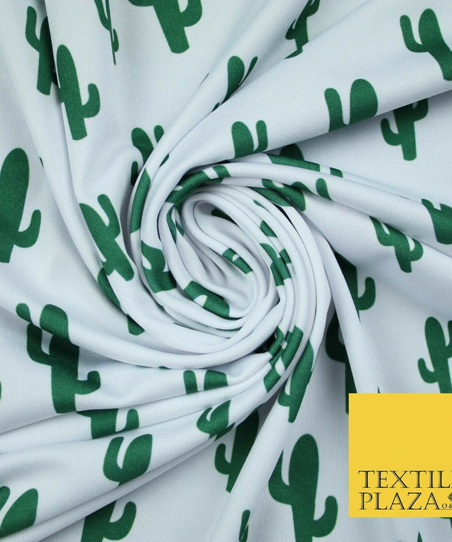 White Green CACTUS CACTI Printed Stretch JERSEY FABRIC Dress Costume 56" 4360
