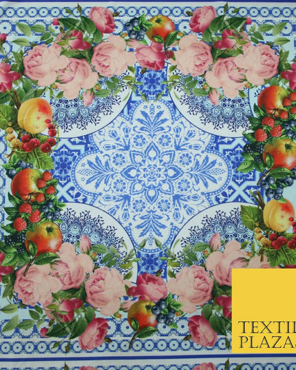 Blue & White Ornate Floral Square Wreath Frame Print Stretch Jersey Fabric 4361
