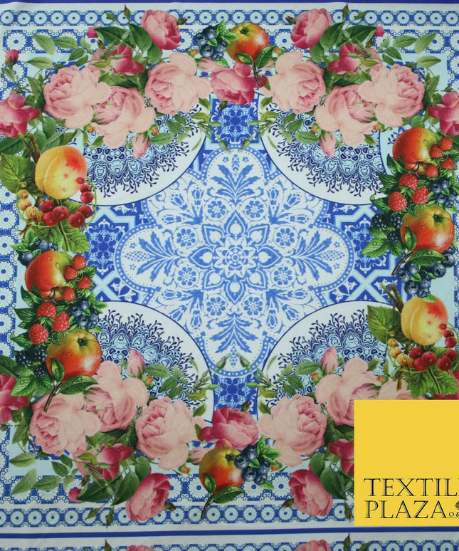 Blue & White Ornate Floral Square Wreath Frame Print Stretch Jersey Fabric 4361