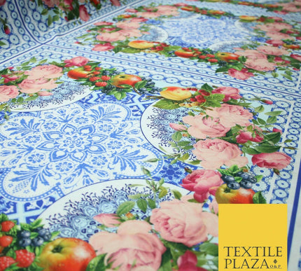 Blue & White Ornate Floral Square Wreath Frame Print Stretch Jersey Fabric 4361