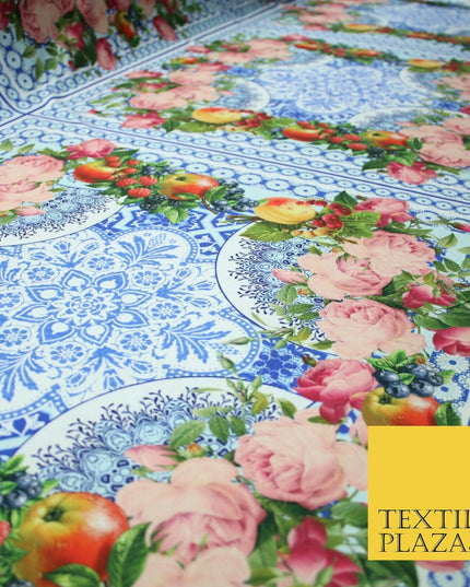 Blue & White Ornate Floral Square Wreath Frame Print Stretch Jersey Fabric 4361