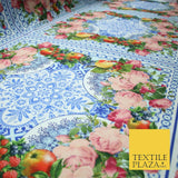 Blue & White Ornate Floral Square Wreath Frame Print Stretch Jersey Fabric 4361