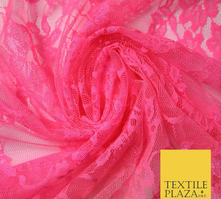 Hot Pink White Floral Mix Embroidered Net Lace Dress Fabric Tulle Fancy 58" Wide