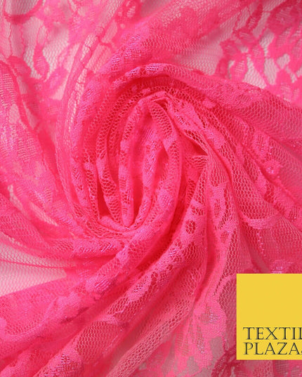 Hot Pink White Floral Mix Embroidered Net Lace Dress Fabric Tulle Fancy 58" Wide