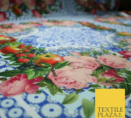 Blue & White Ornate Floral Square Wreath Frame Print Stretch Jersey Fabric 4361