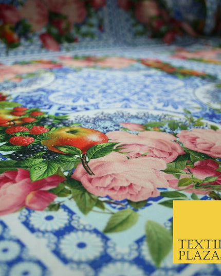 Blue & White Ornate Floral Square Wreath Frame Print Stretch Jersey Fabric 4361