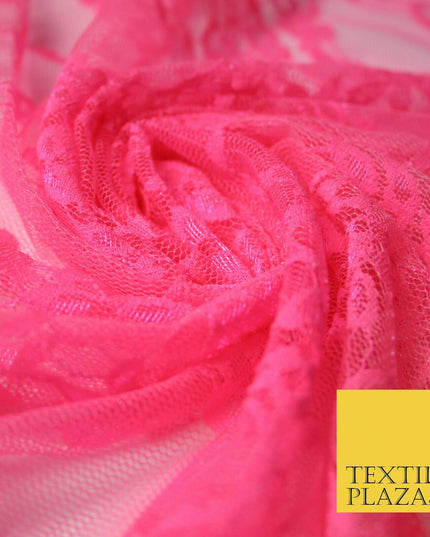 Hot Pink White Floral Mix Embroidered Net Lace Dress Fabric Tulle Fancy 58" Wide
