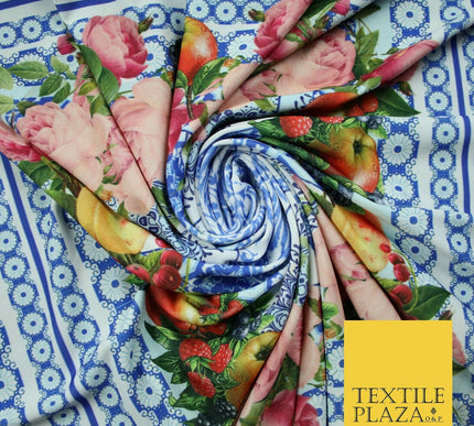 Blue & White Ornate Floral Square Wreath Frame Print Stretch Jersey Fabric 4361