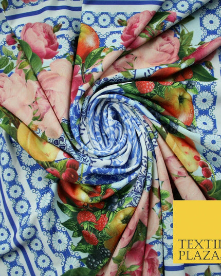 Blue & White Ornate Floral Square Wreath Frame Print Stretch Jersey Fabric 4361