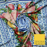 Blue & White Ornate Floral Square Wreath Frame Print Stretch Jersey Fabric 4361