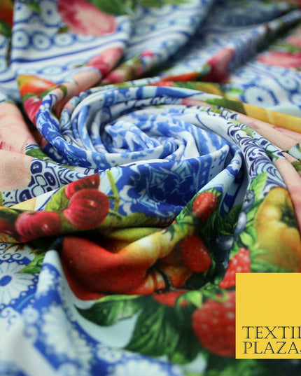 Blue & White Ornate Floral Square Wreath Frame Print Stretch Jersey Fabric 4361