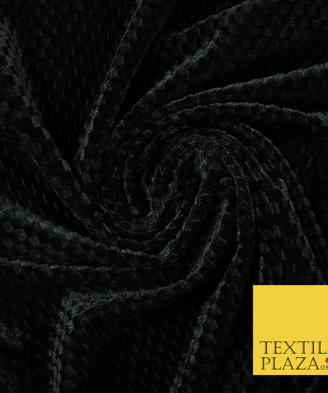 Luxury Black Waffle Check Textured Velvet Velour Dress Fabric Material 59" 4472