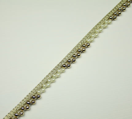 Ivory Gold Chrome Pearl Dashed Beaded Trimming Border Ribbon Gota Trim X406