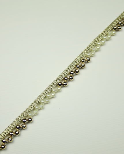 Ivory Gold Chrome Pearl Dashed Beaded Trimming Border Ribbon Gota Trim X406
