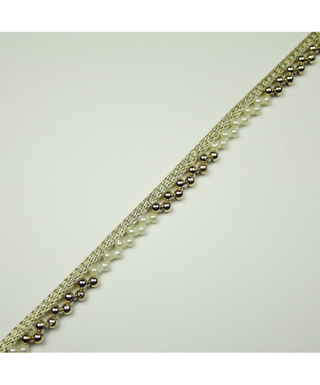 Ivory Gold Chrome Pearl Dashed Beaded Trimming Border Ribbon Gota Trim X406