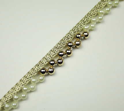 Ivory Gold Chrome Pearl Dashed Beaded Trimming Border Ribbon Gota Trim X406