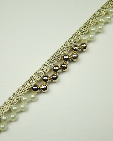 Ivory Gold Chrome Pearl Dashed Beaded Trimming Border Ribbon Gota Trim X406