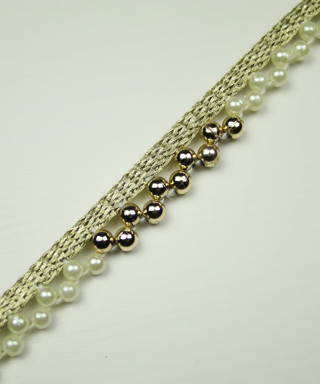 Ivory Gold Chrome Pearl Dashed Beaded Trimming Border Ribbon Gota Trim X406