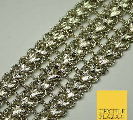 Silver 4.5cmWide Gota Patti Triple Chevron Ribbon Trim Border Metallic Lace X395
