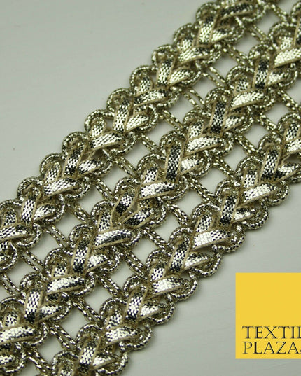 Silver 4.5cmWide Gota Patti Triple Chevron Ribbon Trim Border Metallic Lace X395