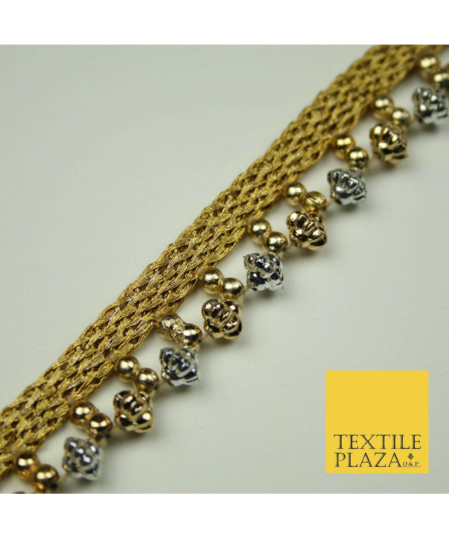 Gold Silver Textured Pearl Cone Beaded Ribbon Trim Border Indian Lace X400