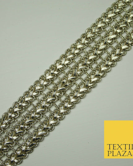 Silver 4.5cmWide Gota Patti Triple Chevron Ribbon Trim Border Metallic Lace X395