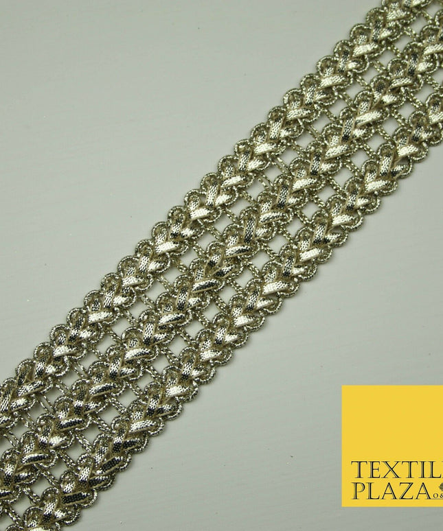 Silver 4.5cmWide Gota Patti Triple Chevron Ribbon Trim Border Metallic Lace X395