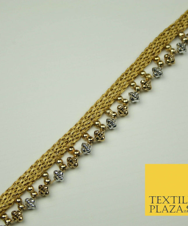 Gold Silver Textured Pearl Cone Beaded Ribbon Trim Border Indian Lace X400