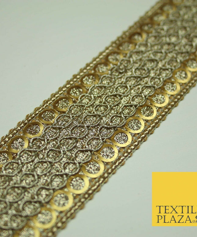 Gold 3.5cm Circle Ring Sequin Glitter Weave Trimming Border Sewing Trim Lace