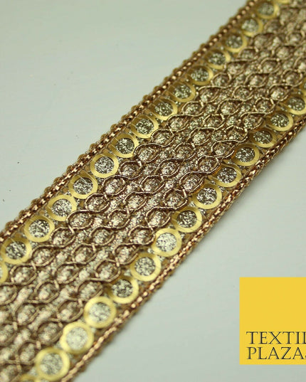 Gold 3.5cm Circle Ring Sequin Glitter Weave Trimming Border Sewing Trim Lace