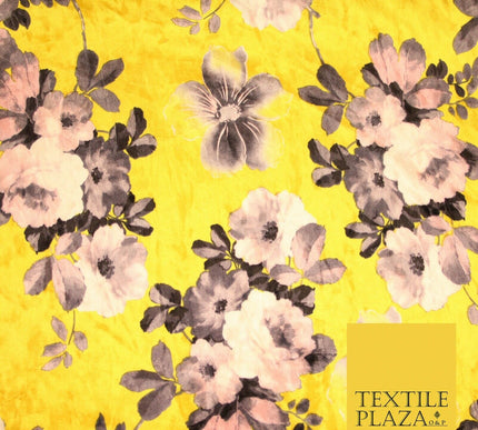 Yellow Vintage Floral Bunch Printed Soft Velvet Dress Fabric Craft Material 4705