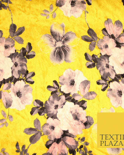 Yellow Vintage Floral Bunch Printed Soft Velvet Dress Fabric Craft Material 4705