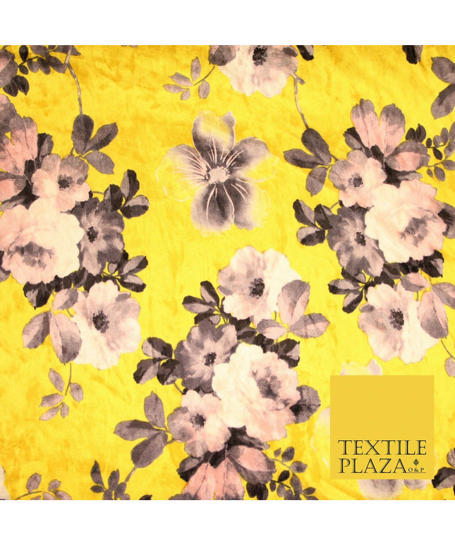 Yellow Vintage Floral Bunch Printed Soft Velvet Dress Fabric Craft Material 4705