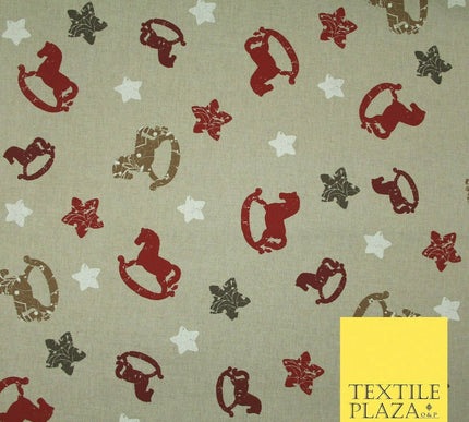 Beige Rocking Horse Stars Nursery Festive Printed Cotton Canvas Fabric 55" 4479